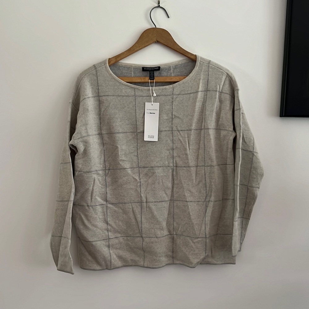 Eileen Fisher Fine Merino Wool Bateau Neck Box Top Bone Womens PS